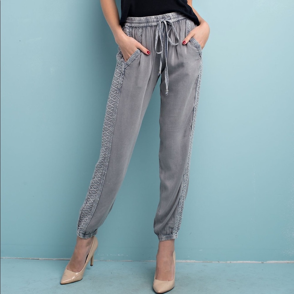 Boho grey Solitaire Embroidered Rayon Pants